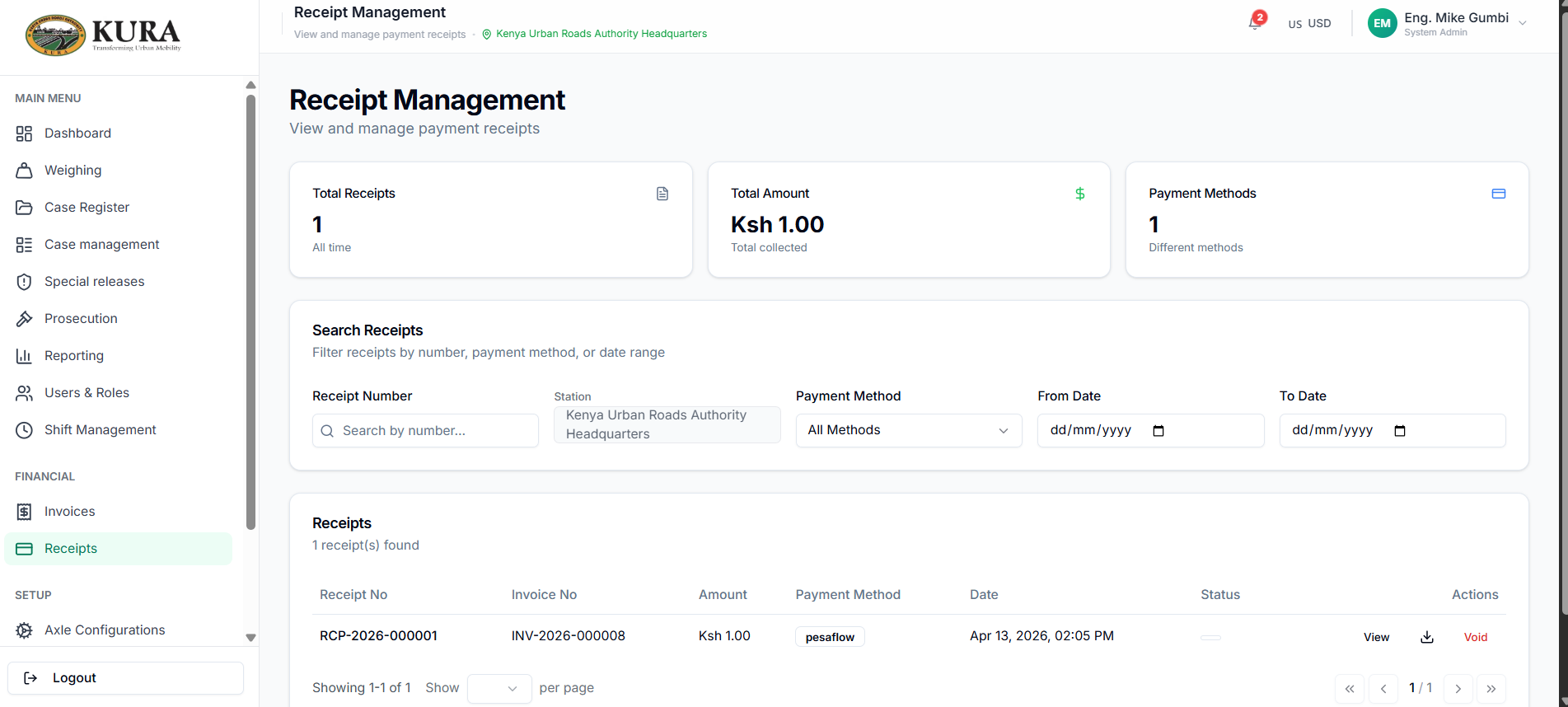 Receipts page