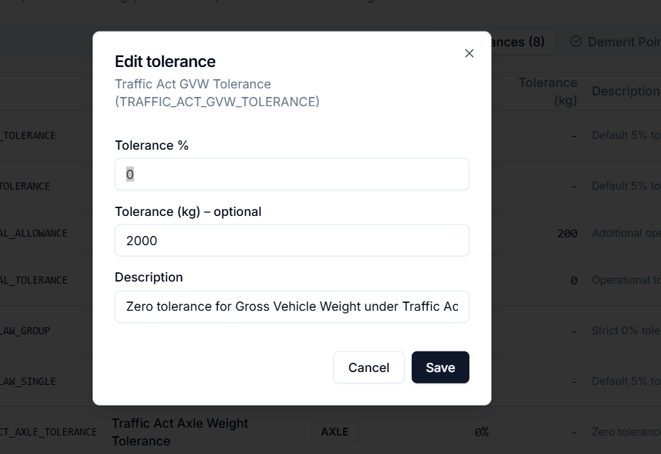 Tolerance setup