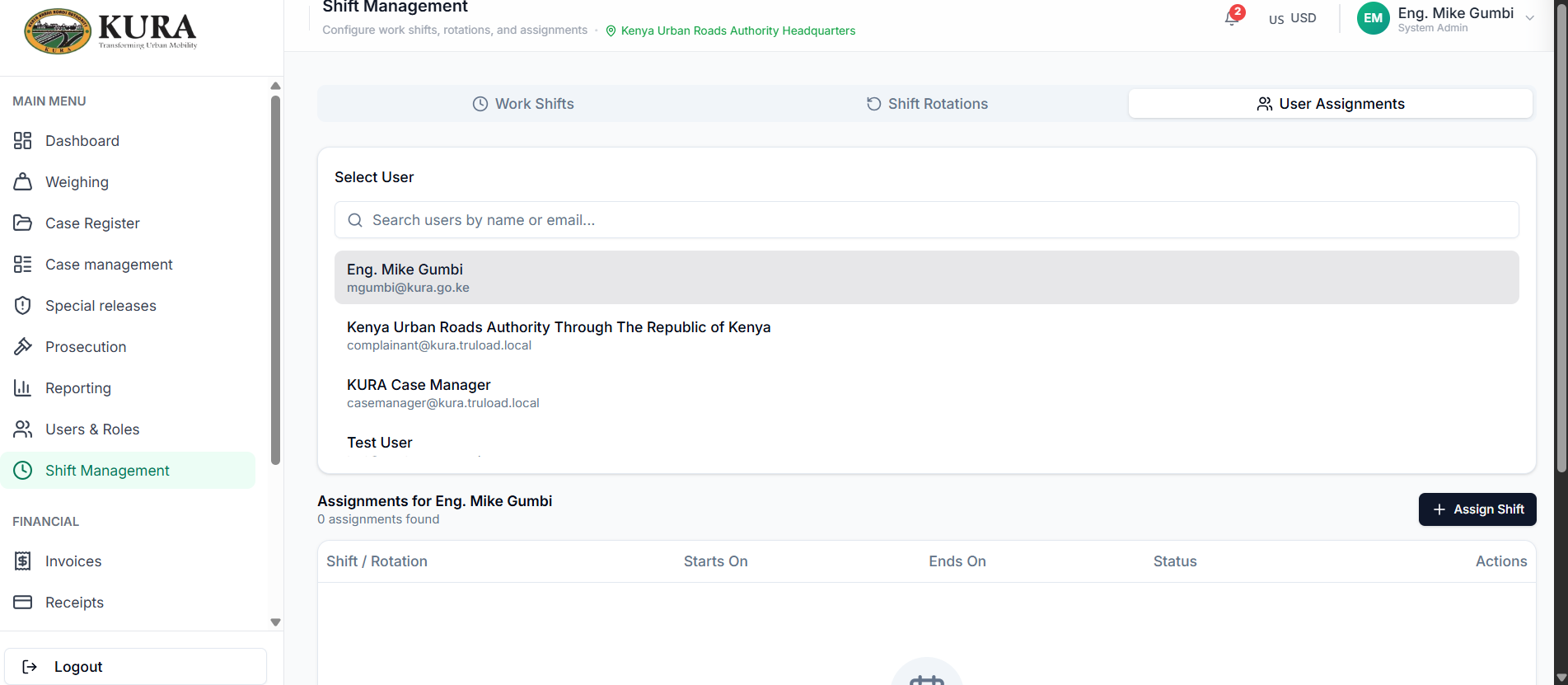 Assign user shifts